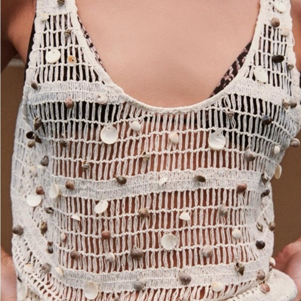 NWT Beige Crochet Shell Top